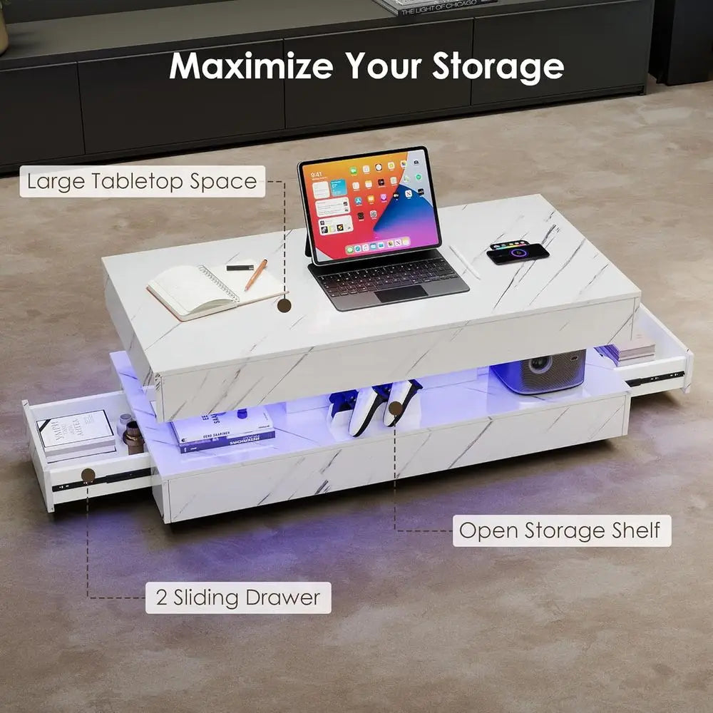 LED Smart Coffee Table with Bluetooth Speaker, Wireless Charging