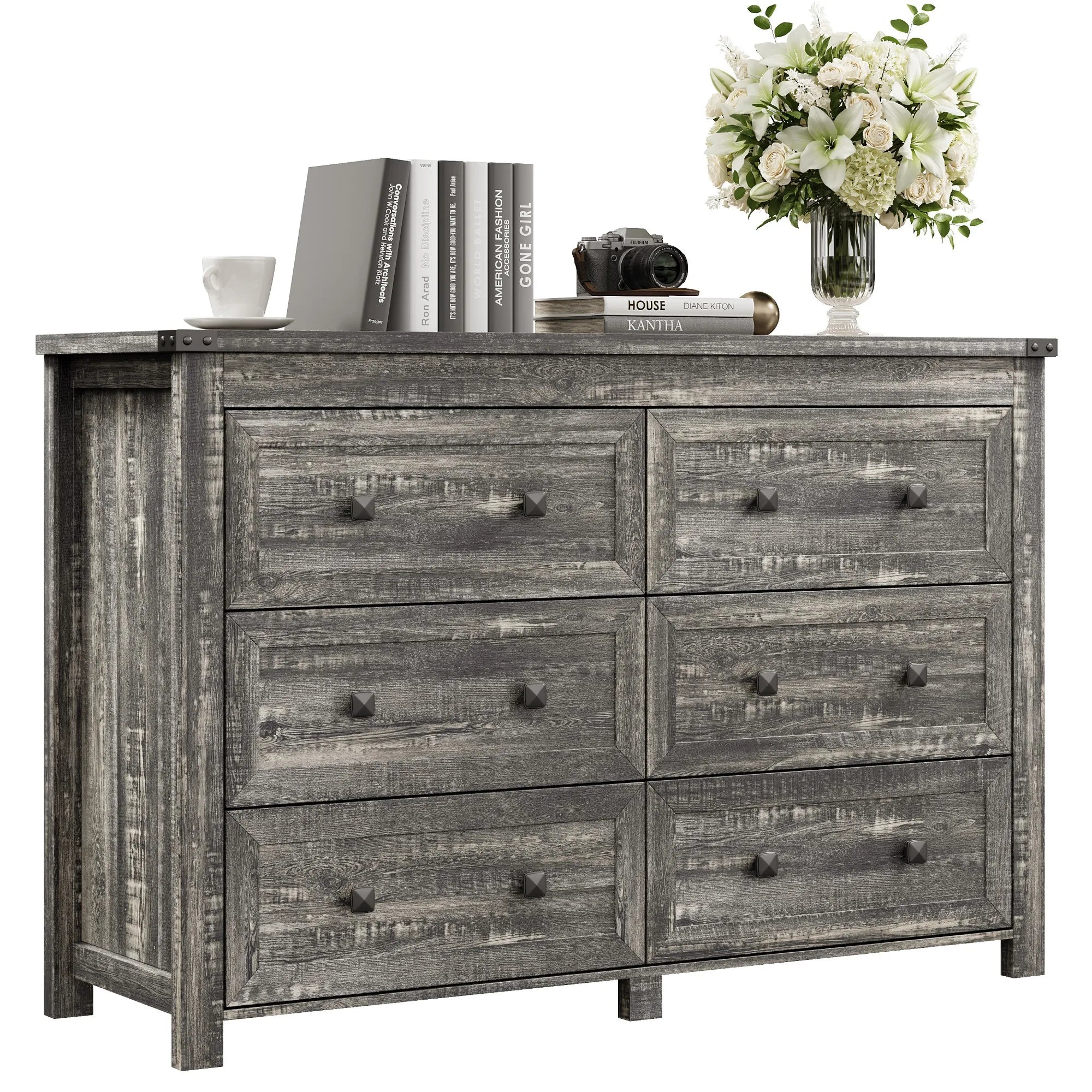Wood 6 Drawer Dresser, 47" Wide Modern Double Chest of Drawers