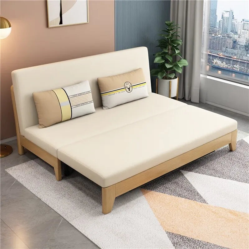 Solid wood sofa bed foldable push-pull sitting and sleeping