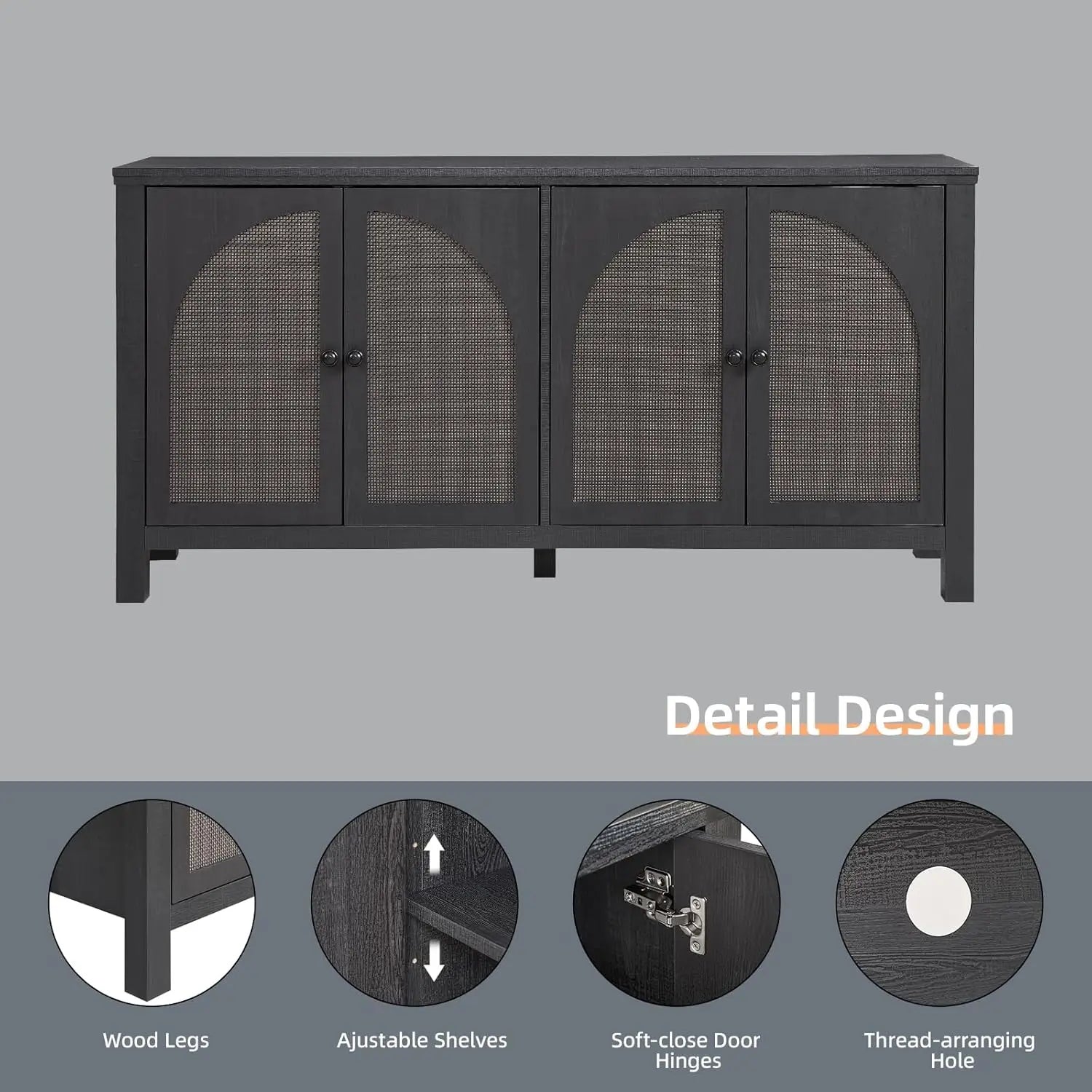 Black Rattan Sideboard Buffet Cabinet With Storage