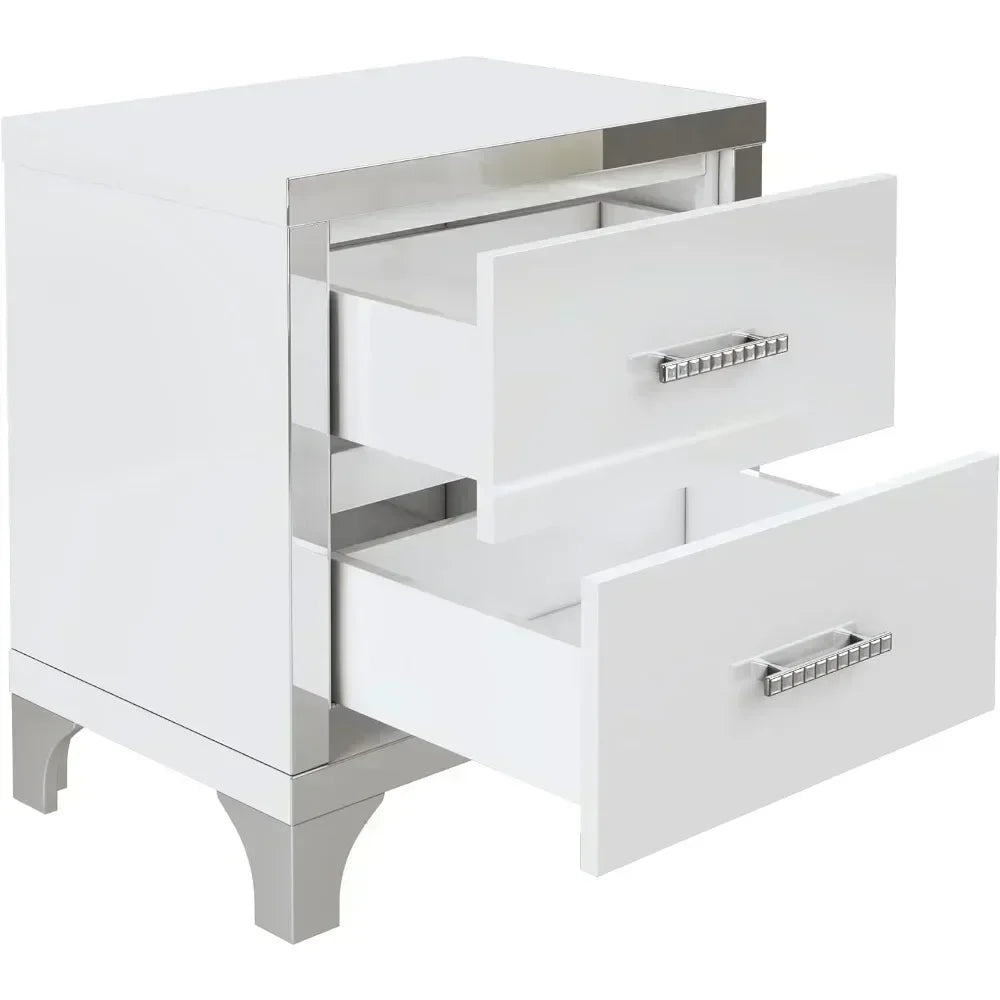 White High Gloss 2-Drawer Mirrored Nightstand