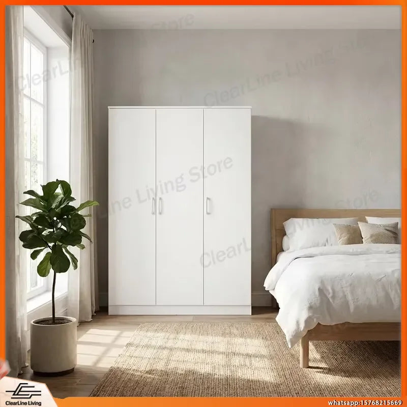 White 3 Door Wardrobe Armoire with Shelf and Hanging Rail