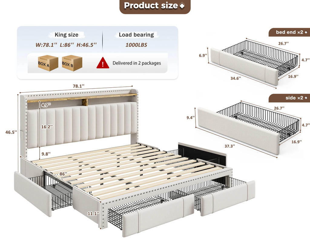 Full/Queen/King Bed Frame with 3 Drawers & 2-Tier Storage