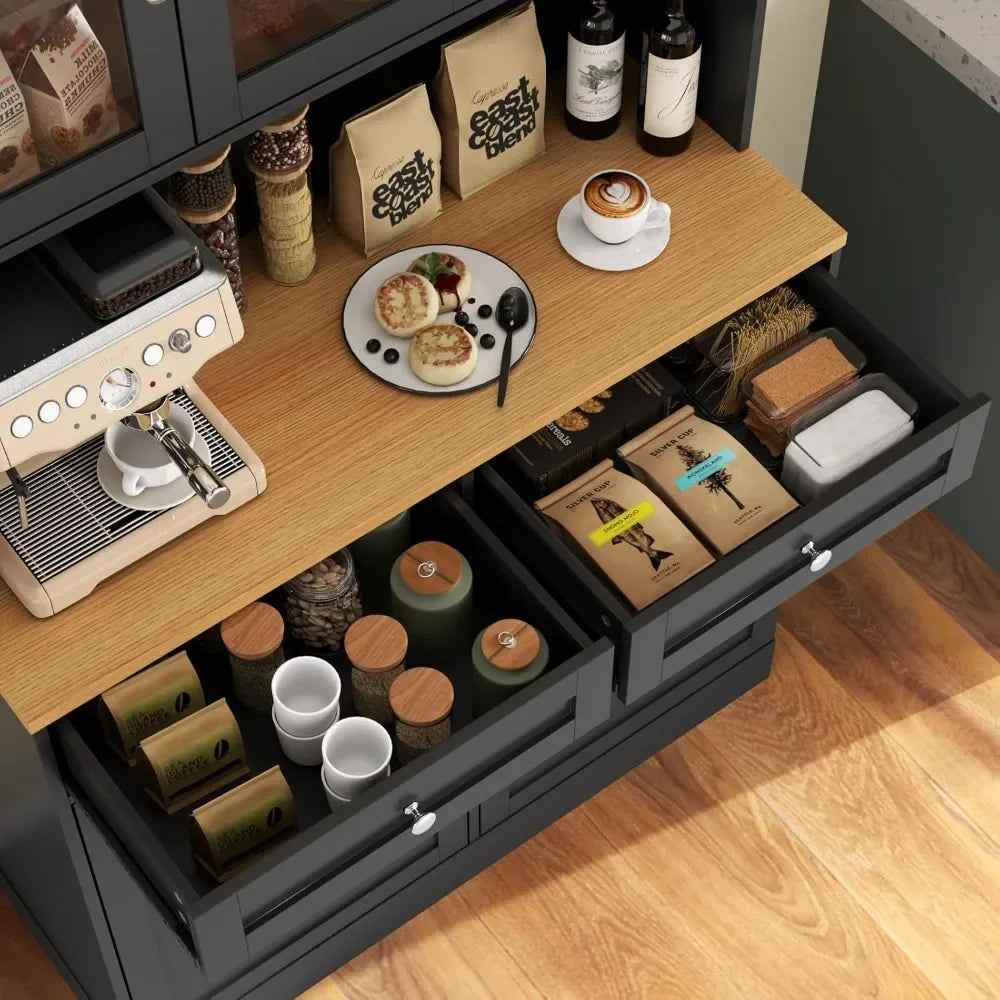 Modern Kitchen Hutch with Microwave Stand, Kitchen Pantry Storage Cabinet with 2 Darwers & Door Shelf，Tall Pantry Cabinet