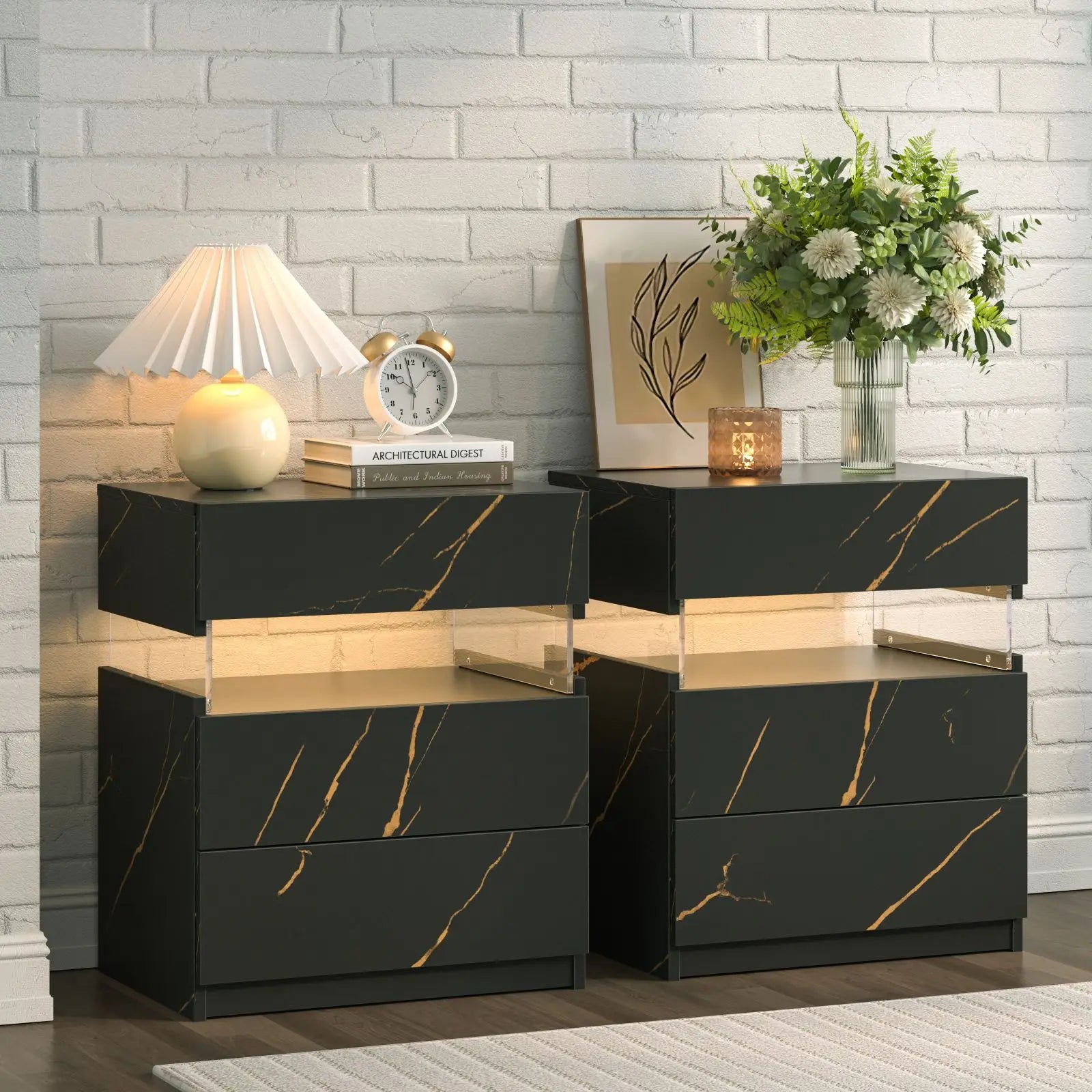 Bedside Tables with LED Lighting 3 Drawers