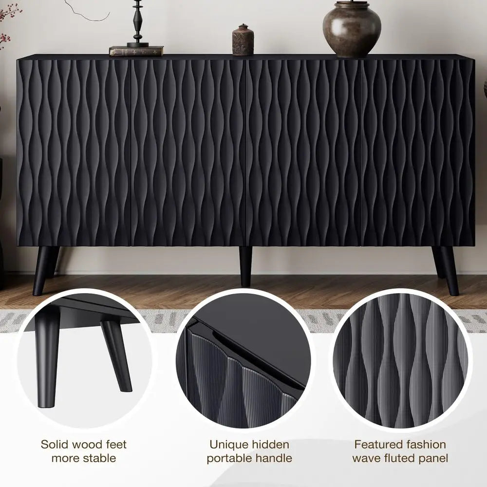 Black Wave Fluted 4-Door Sideboard Buffet