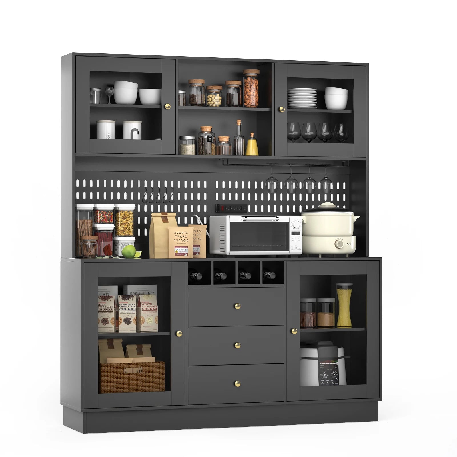 Kitchen Storage Cabinet, Buffet Hutch with Pegboard, Cup Holder