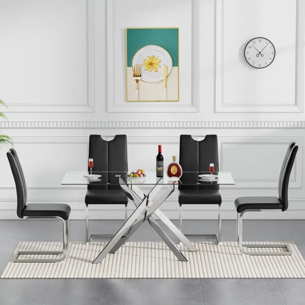 Modern Tempered Glass Dining Table for 4-6, Silver Metal Legs, Suitable for Home Kitchen