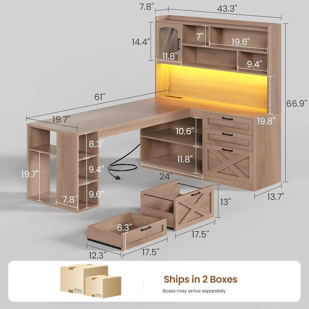 L-Shaped  Storage Desk with LED Light, Power Outlet, and Display Cabinet