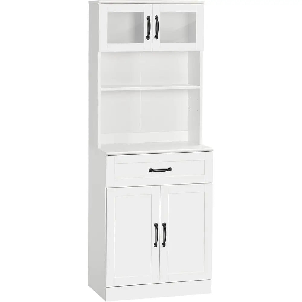 Four-Door Kitchen Pantry Cabinet with Hutch and Coffee Bar, Adjustable Shelves, White