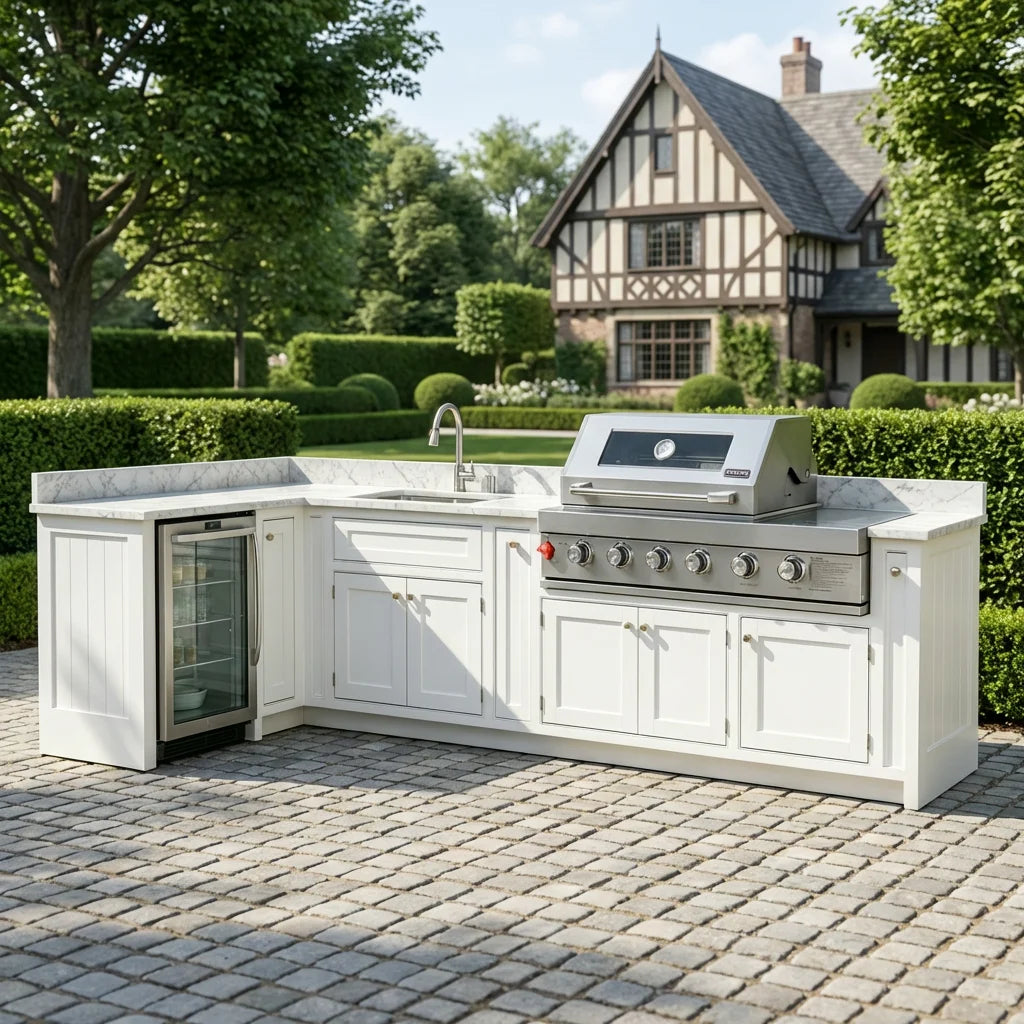 L Shaped Outdoor Kitchen Island Set with Built-in BBQ Grill and Storage Drawers Prefab Patio Cooking Station