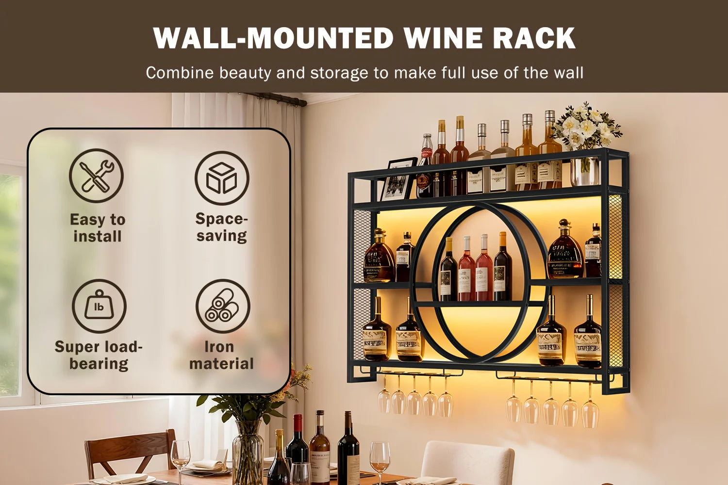 Wall-Mounted Metal Wine Rack & Bar Shelf
