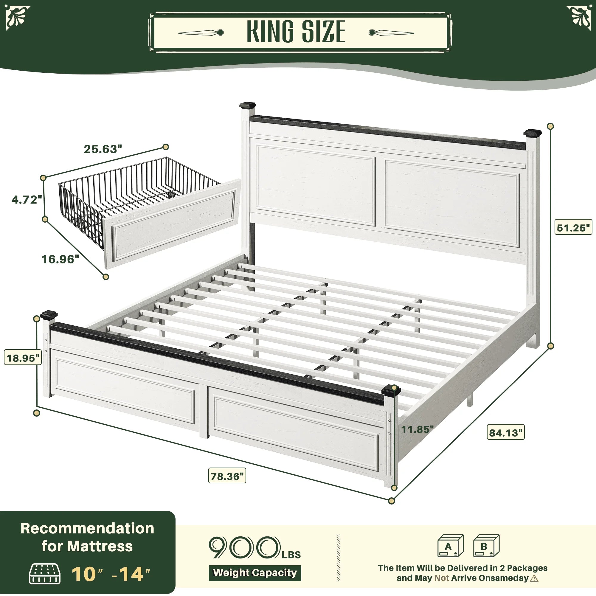 Tall 51.25" H Headboard Bed Frame with 2 with Storage Drawers