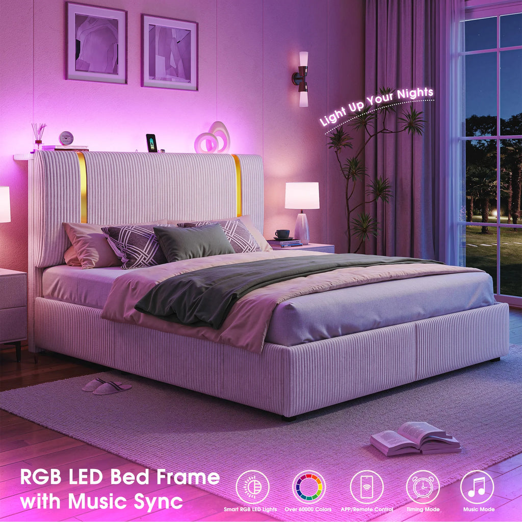 Bed Frame with 6 Storage Drawers, Soft Upholstered with LED Light
