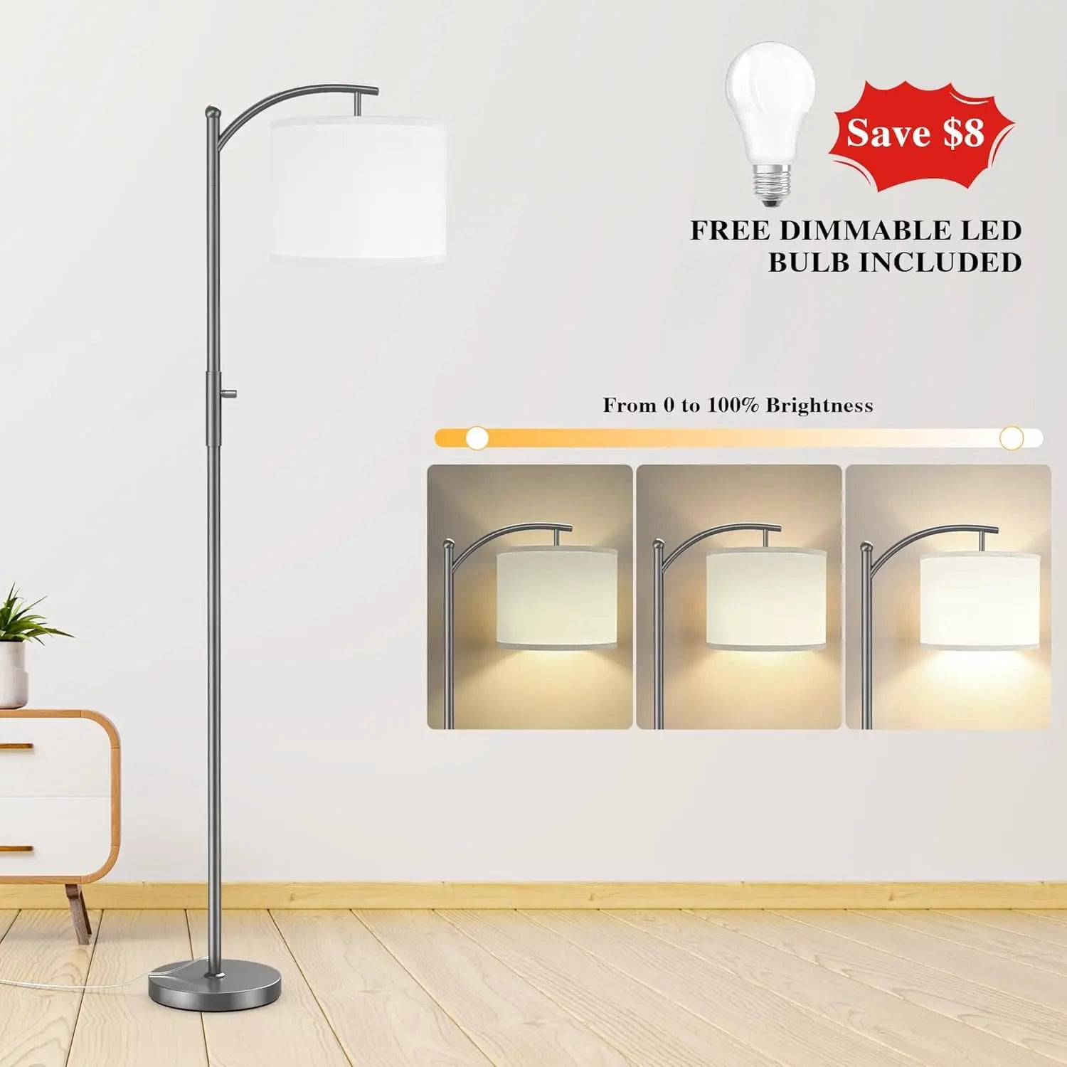 Dimmable Arc Floor Lamp with Linen Shade
