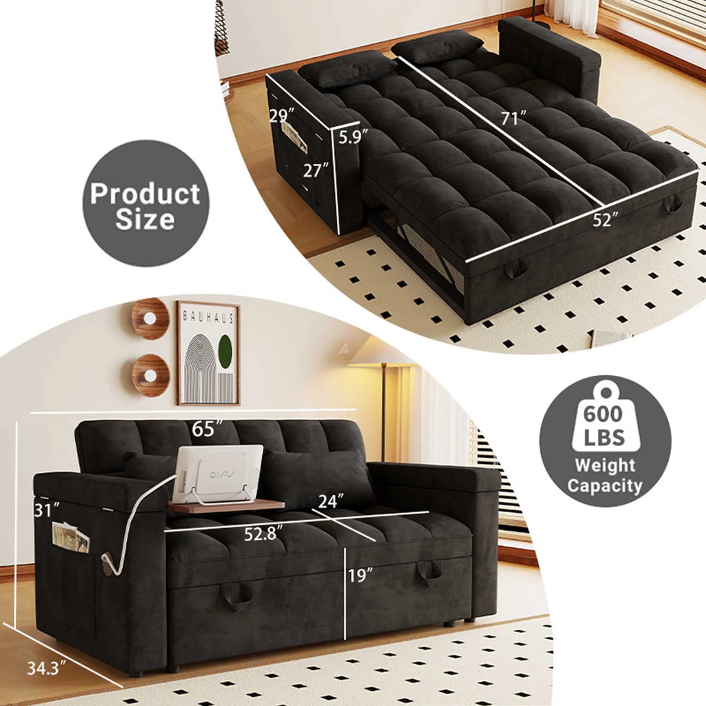 65" 3-in-1 Foldable Velvet Sofa Bed with USB Charging Port