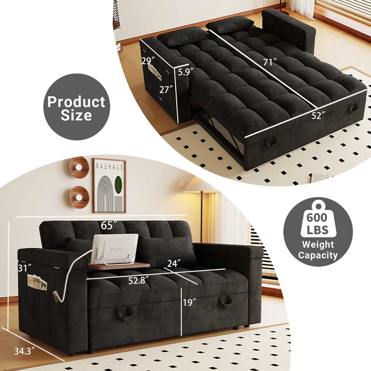 65" 3-in-1 Foldable Velvet Sofa Bed with USB Charging Port