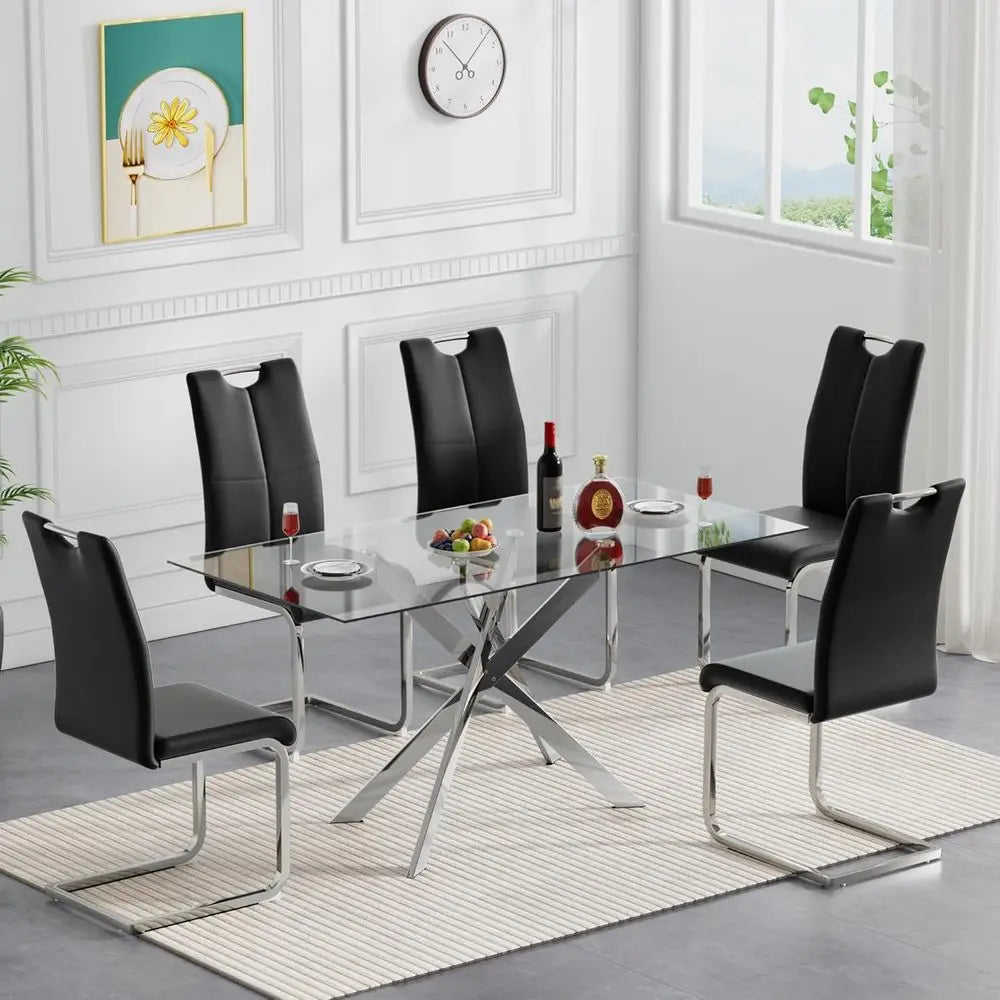 Modern Tempered Glass Dining Table for 4-6, Silver Metal Legs, Suitable for Home Kitchen