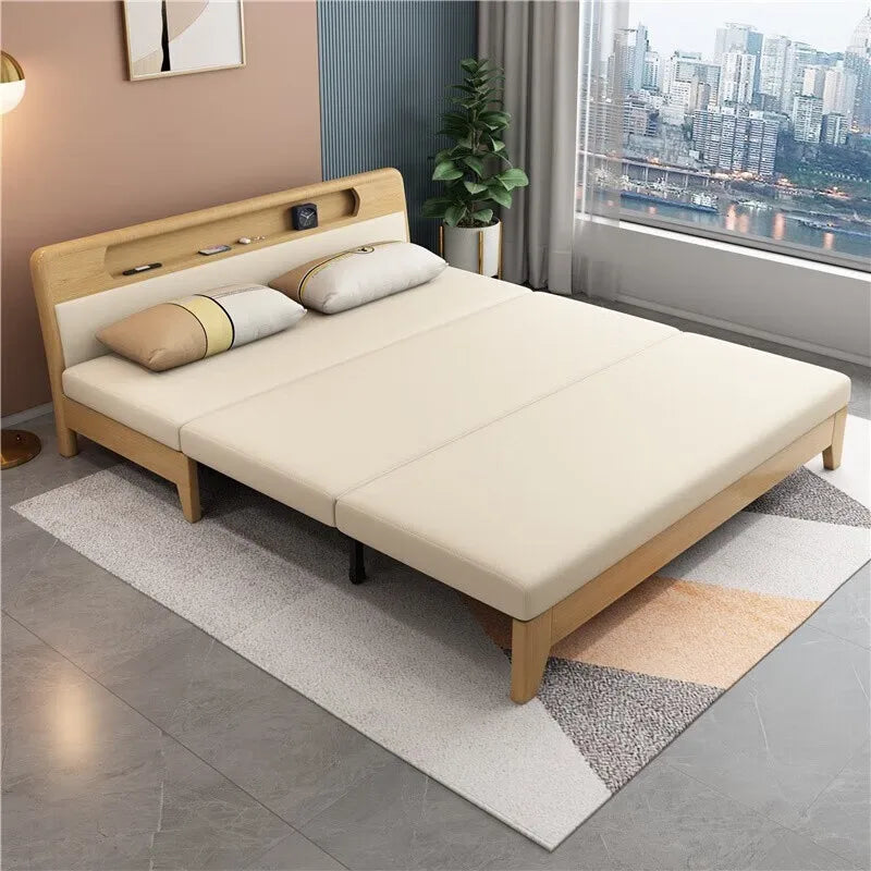 Solid wood sofa bed foldable push-pull sitting and sleeping