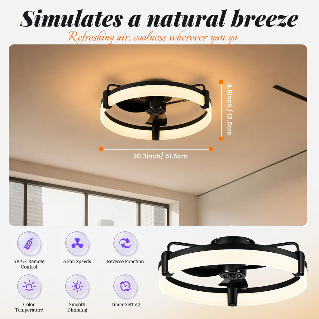Modern Flush Mount Ceiling Fan With Ring LED Light,