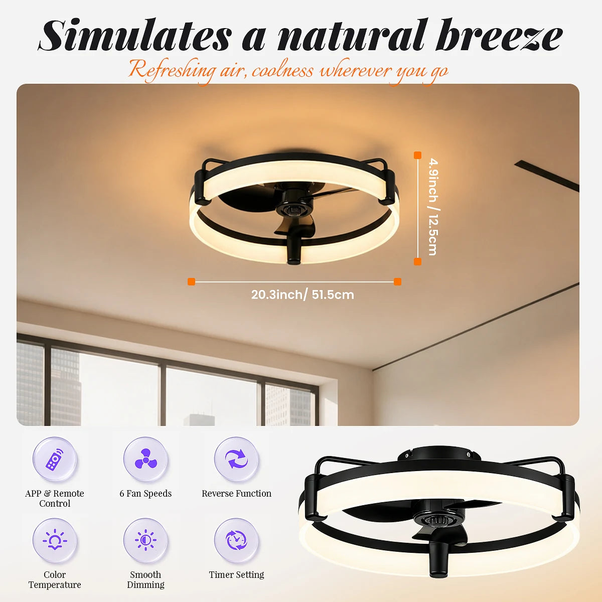 Modern Flush Mount Ceiling Fan With Ring LED Light,
