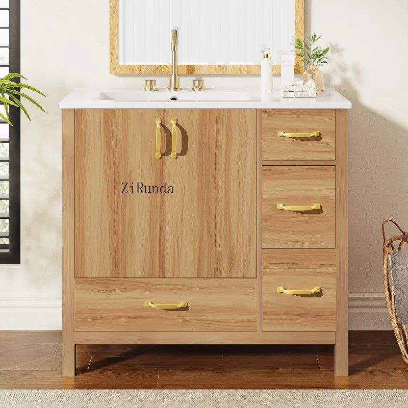 Wood Bathroom Vanity with Solid Wood Frame, 2 Soft Close Doors, 4Soft Close Drawers,