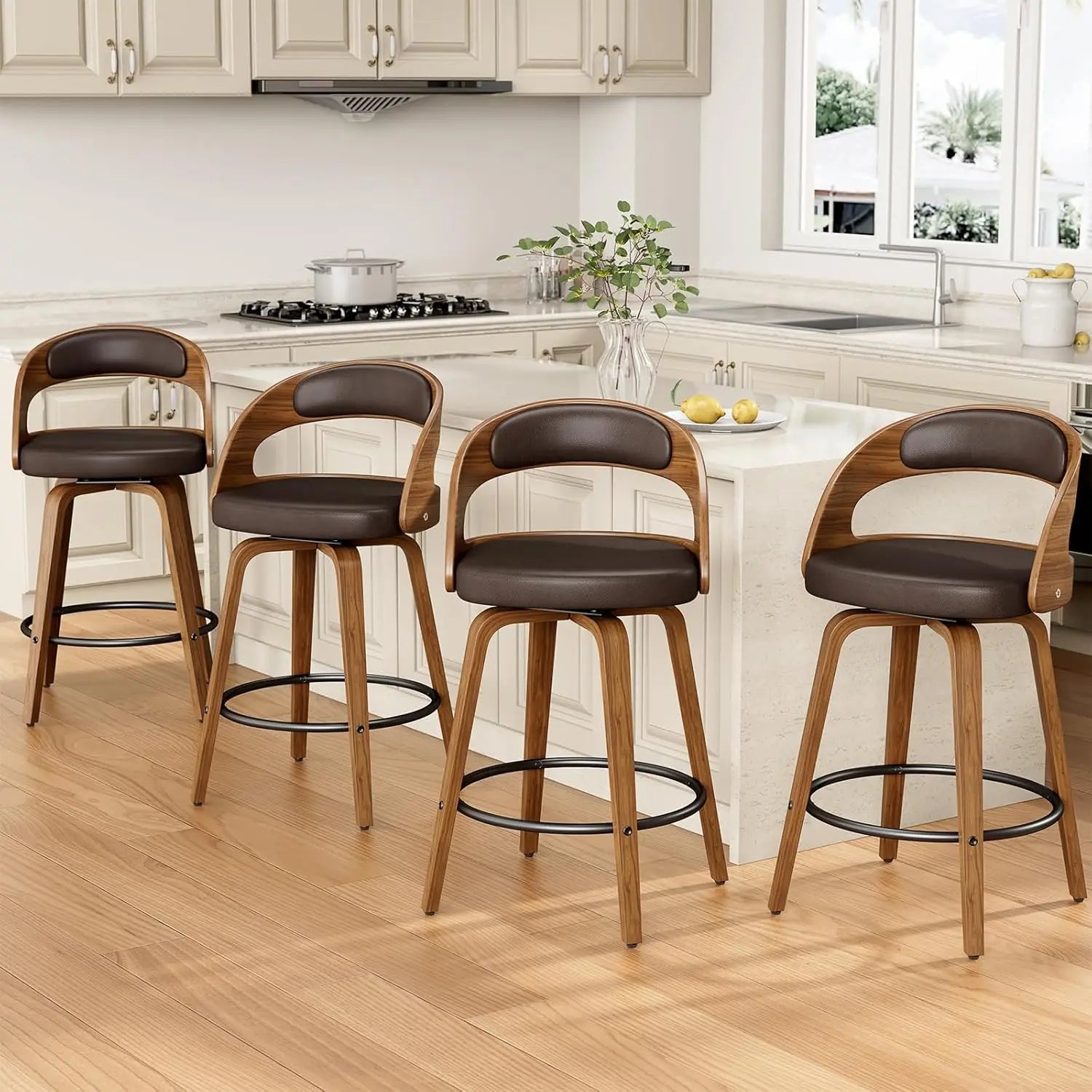 26in Bentwood Counter Stools Set 3 Leather Swivel