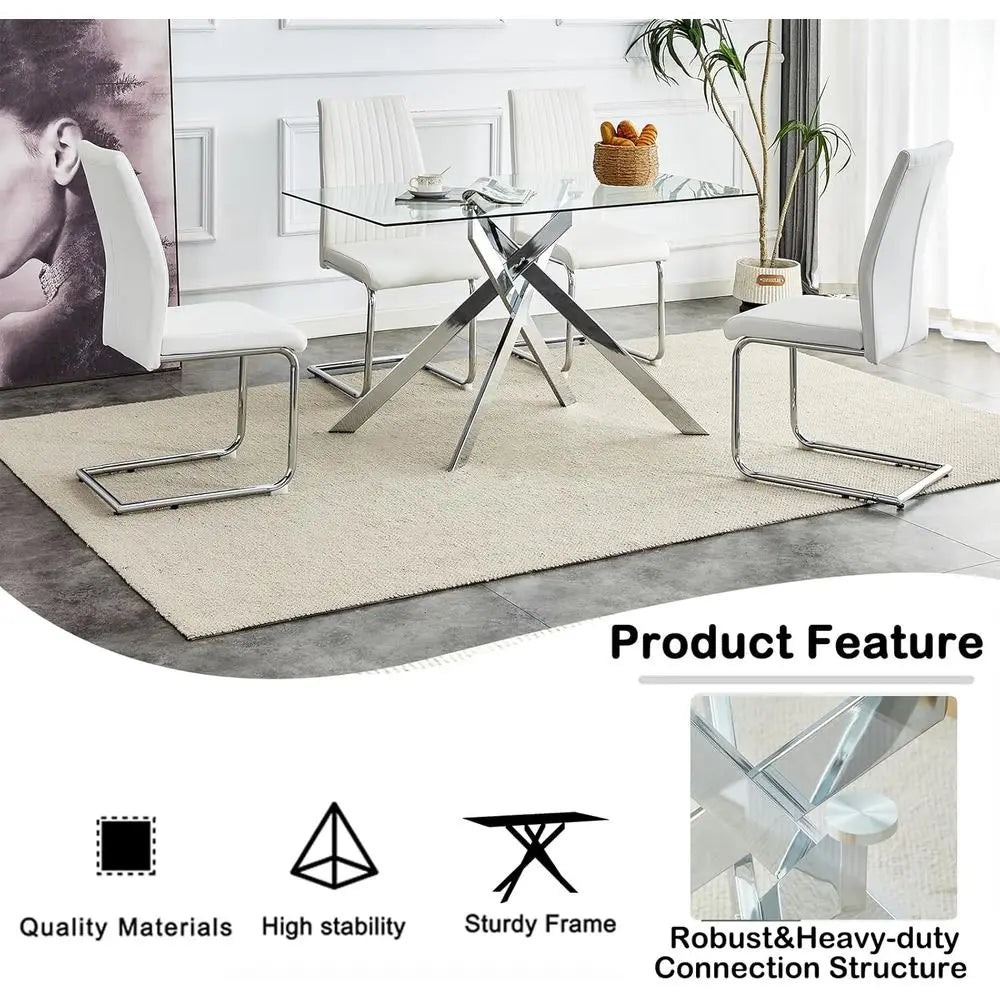 Modern Tempered Glass Dining Table for 4-6, Silver Metal Legs, Suitable for Home Kitchen