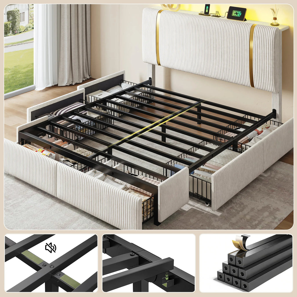 Bed Frame with 6 Storage Drawers, Soft Upholstered with LED Light