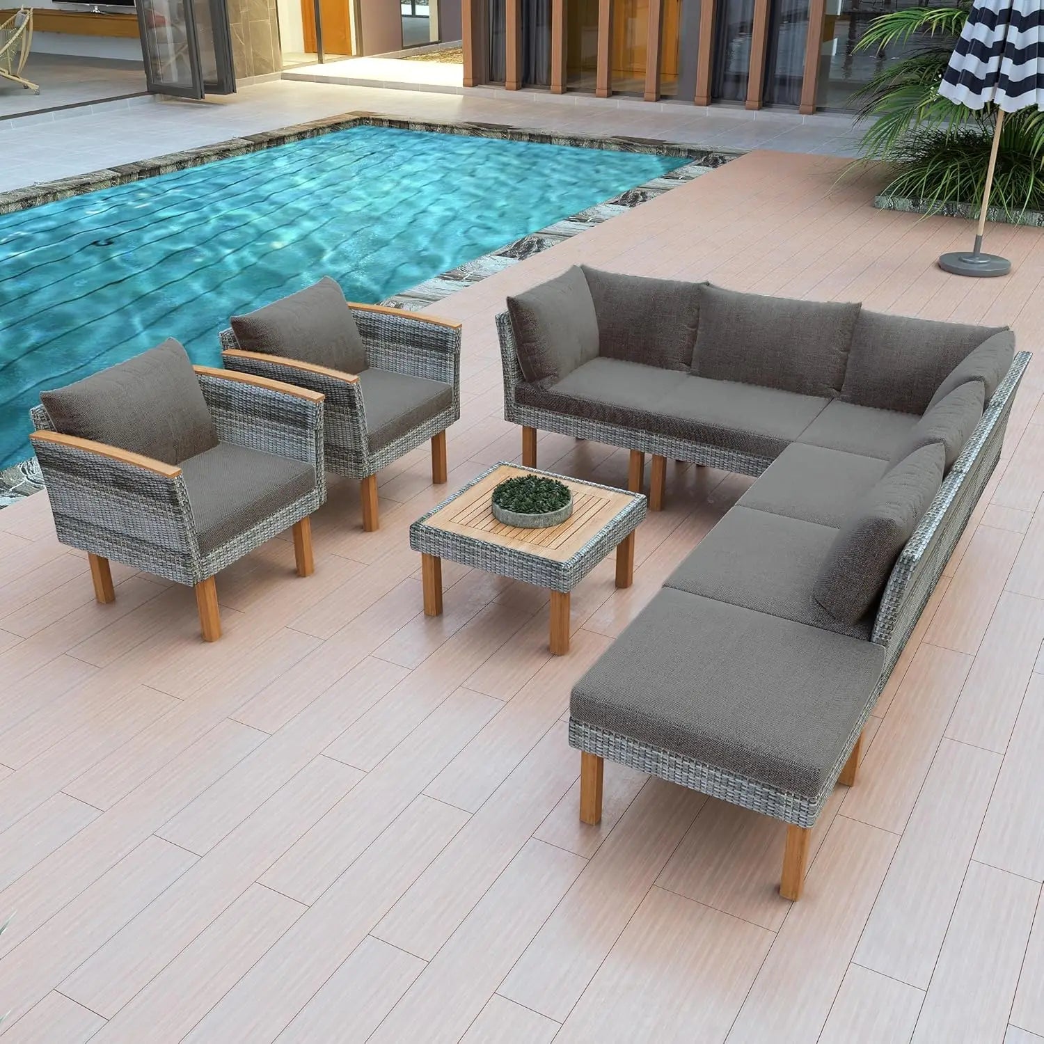 Acacia Wood Half-Moon Outdoor Sofa Set