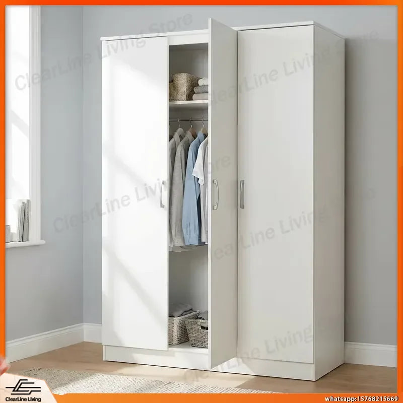 White 3 Door Wardrobe Armoire with Shelf and Hanging Rail