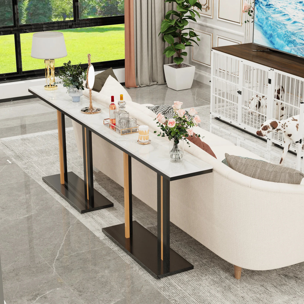 Contemporary Style Console Table with Stone Top and Pedestal Base