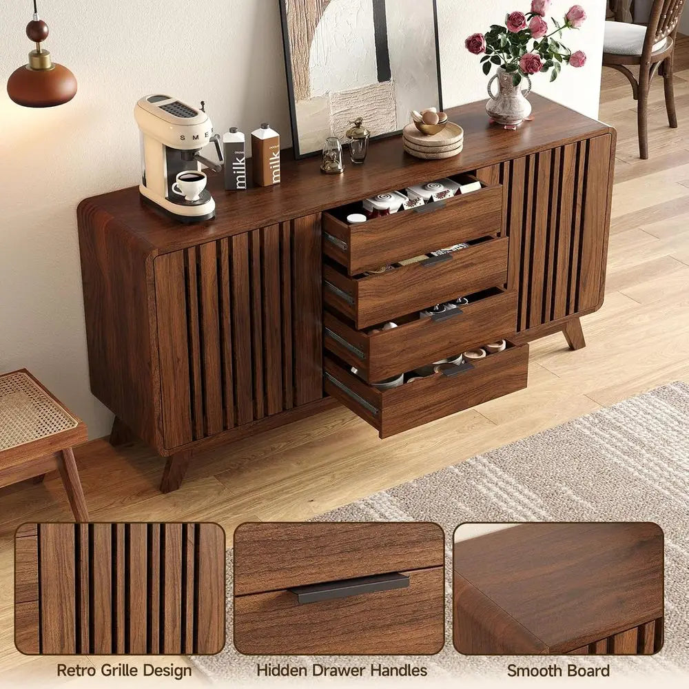 Walnut Sideboard Buffet Cabinet with Sliding Doors and Storage for Living Room or Kitchen