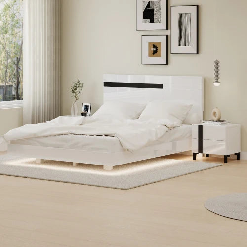 Modern 3-Piece Bedroom Set Floating Bed Frame Queen Size LED Light & 2 Nightstands, White