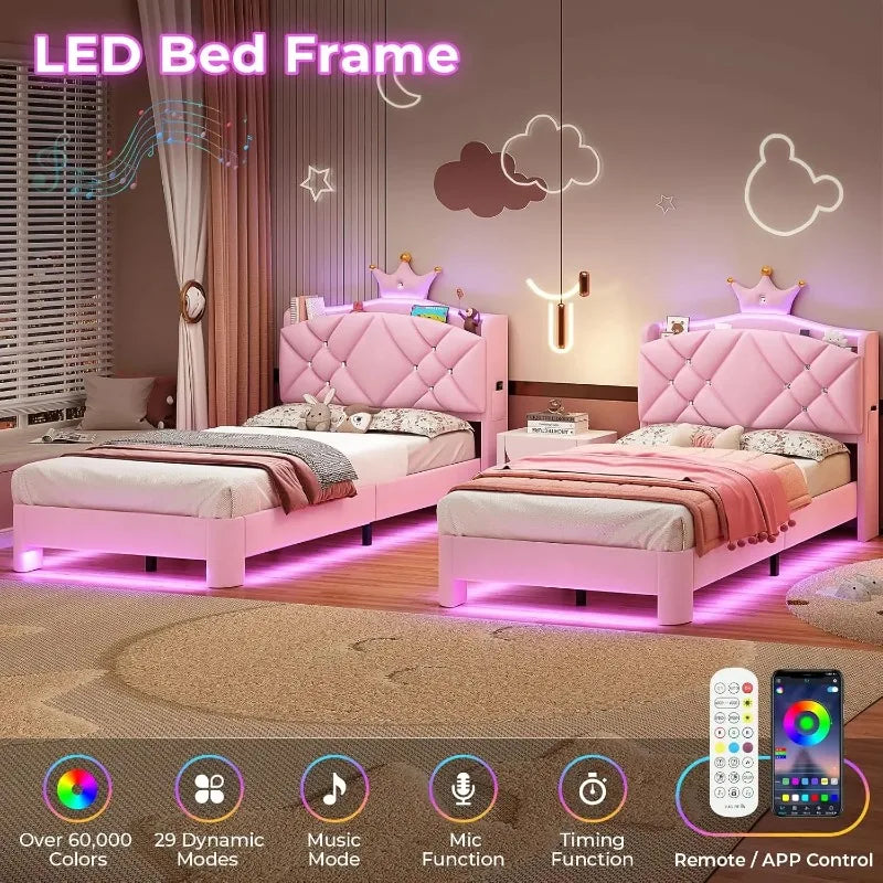 Pink Upholstered Twin Bed Frame with LED Lights & Charging Station for Girls Bedroom