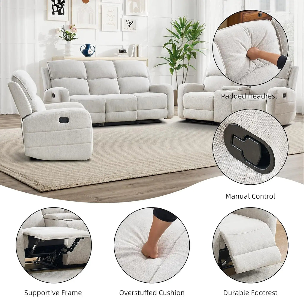 Manual Living Room Furniture Reclining Couch Set, Soft Fabric Loveseat Recliner