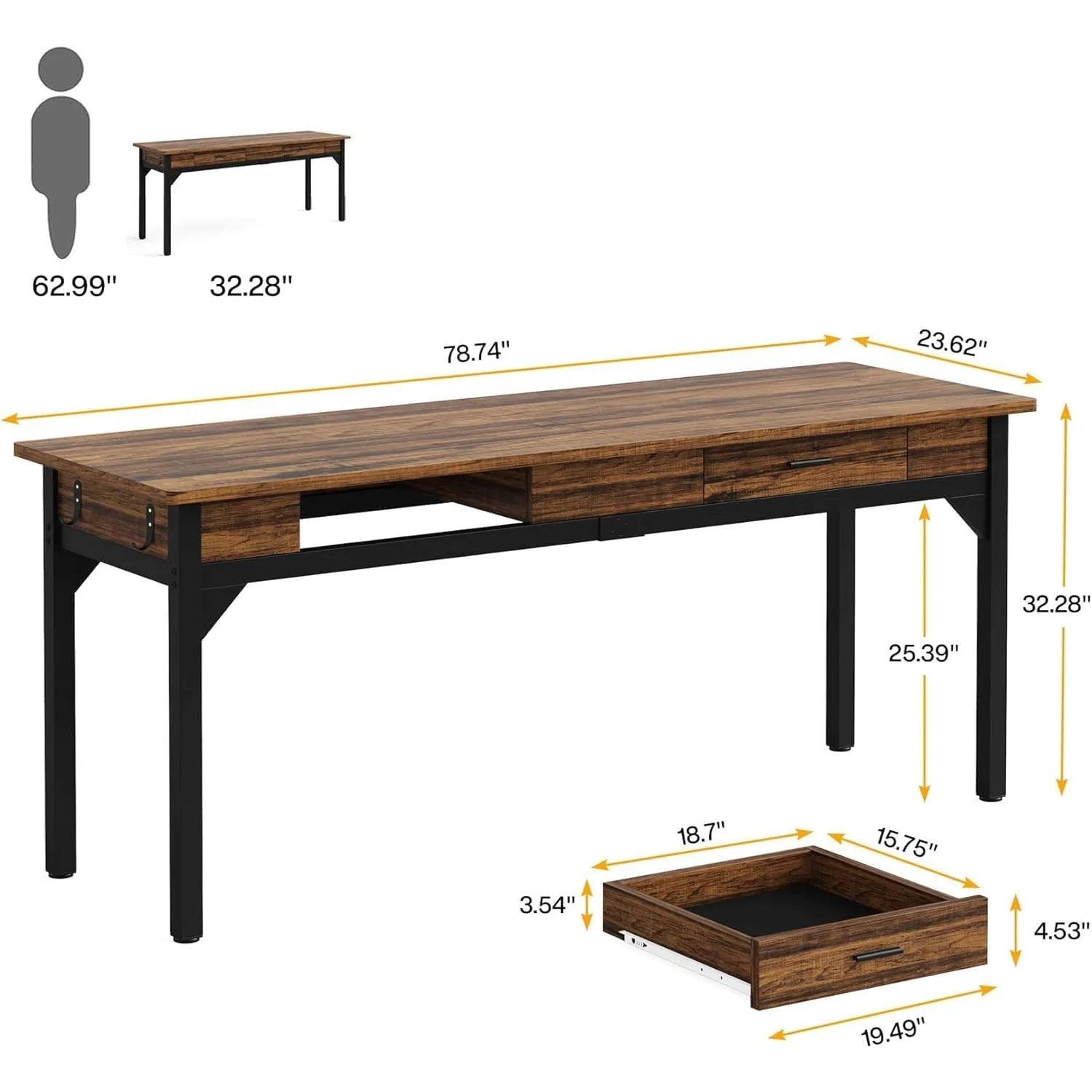 Computer Desk, Double Long Desk with 2 Drawers
