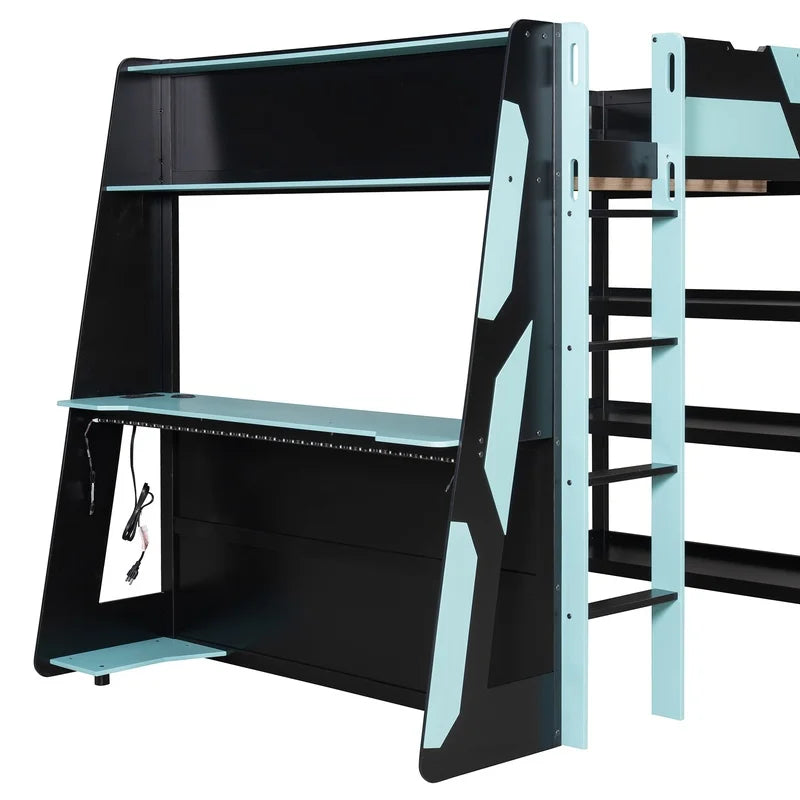 Gaming Loft Bed with Desk, Shelves, and LED Lights,