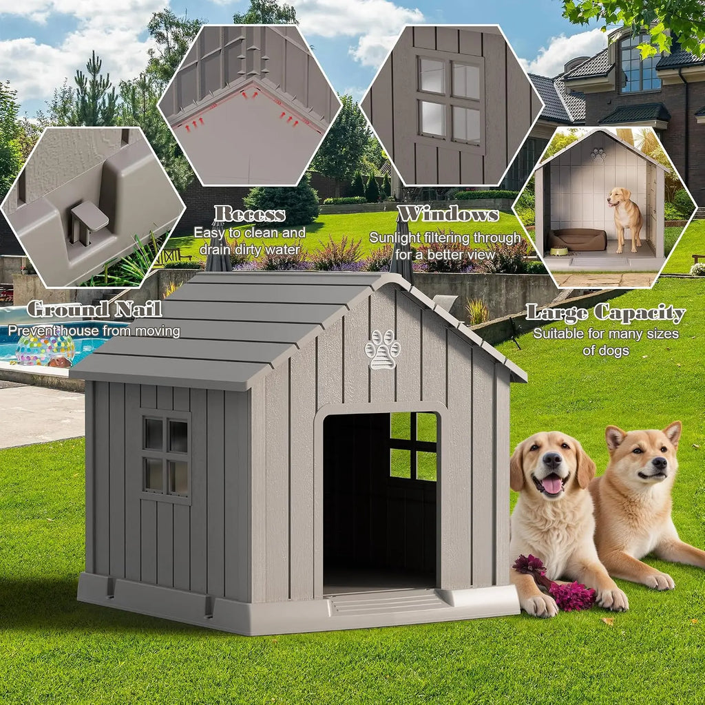 Weatherproof Plastic Dog House Outdoor Large Pet Kennel Shelter