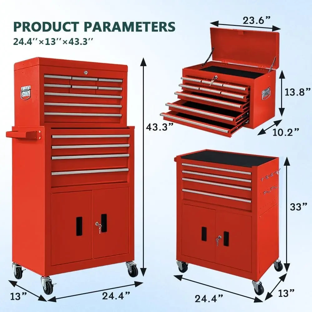 Rolling Tool Chest with Double Doors, 2 in 1 Detachable Rolling Tool Chests, Metal Standing Tool Cabinet with Lock, Large Toolb