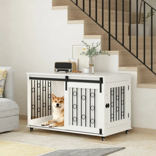 39.37'' White Indoor Dog Crate End Table - Wooden Kennel with Sliding Barn Door, Side Door & Lockable Wheels for Small/Medium Do