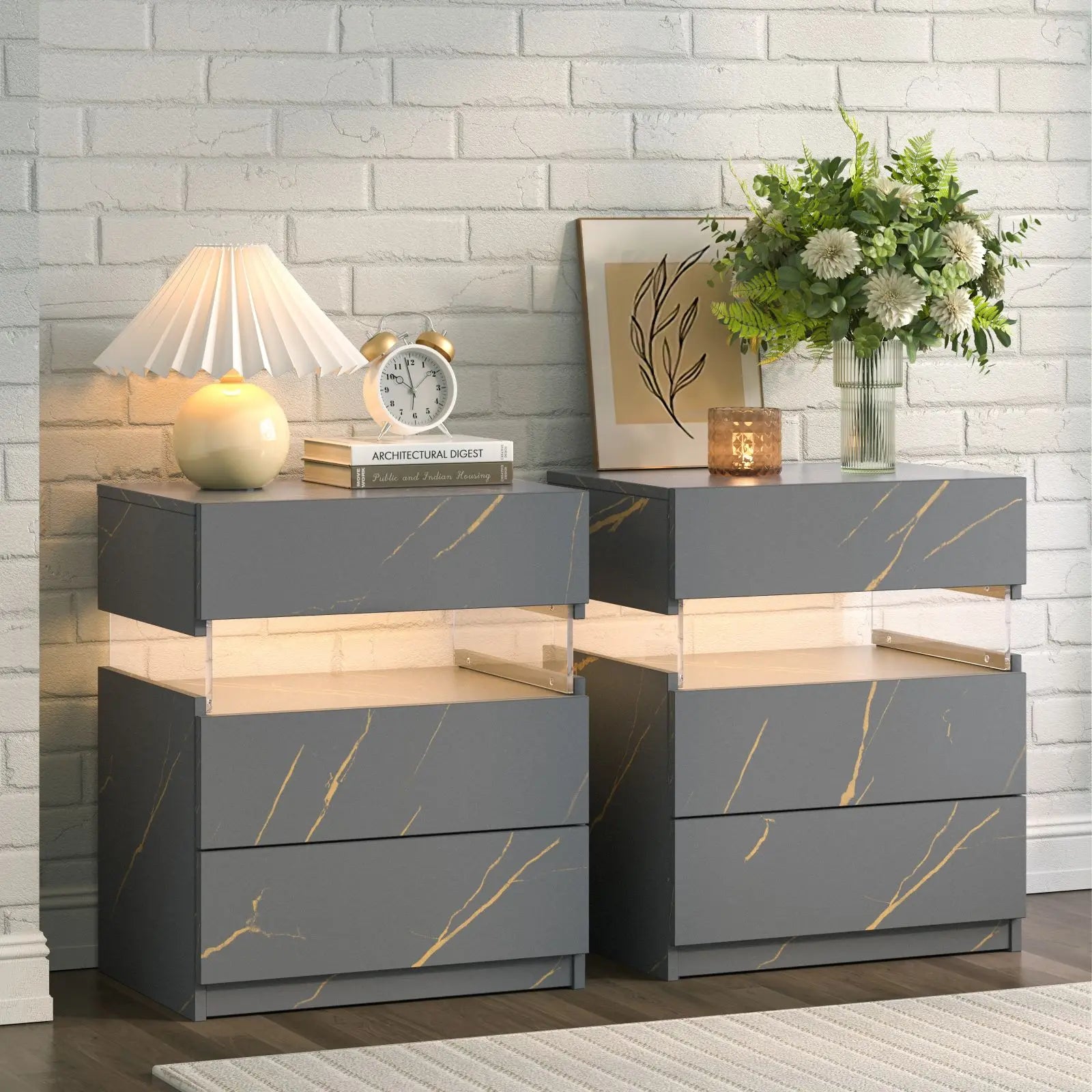 Bedside Tables with LED Lighting 3 Drawers