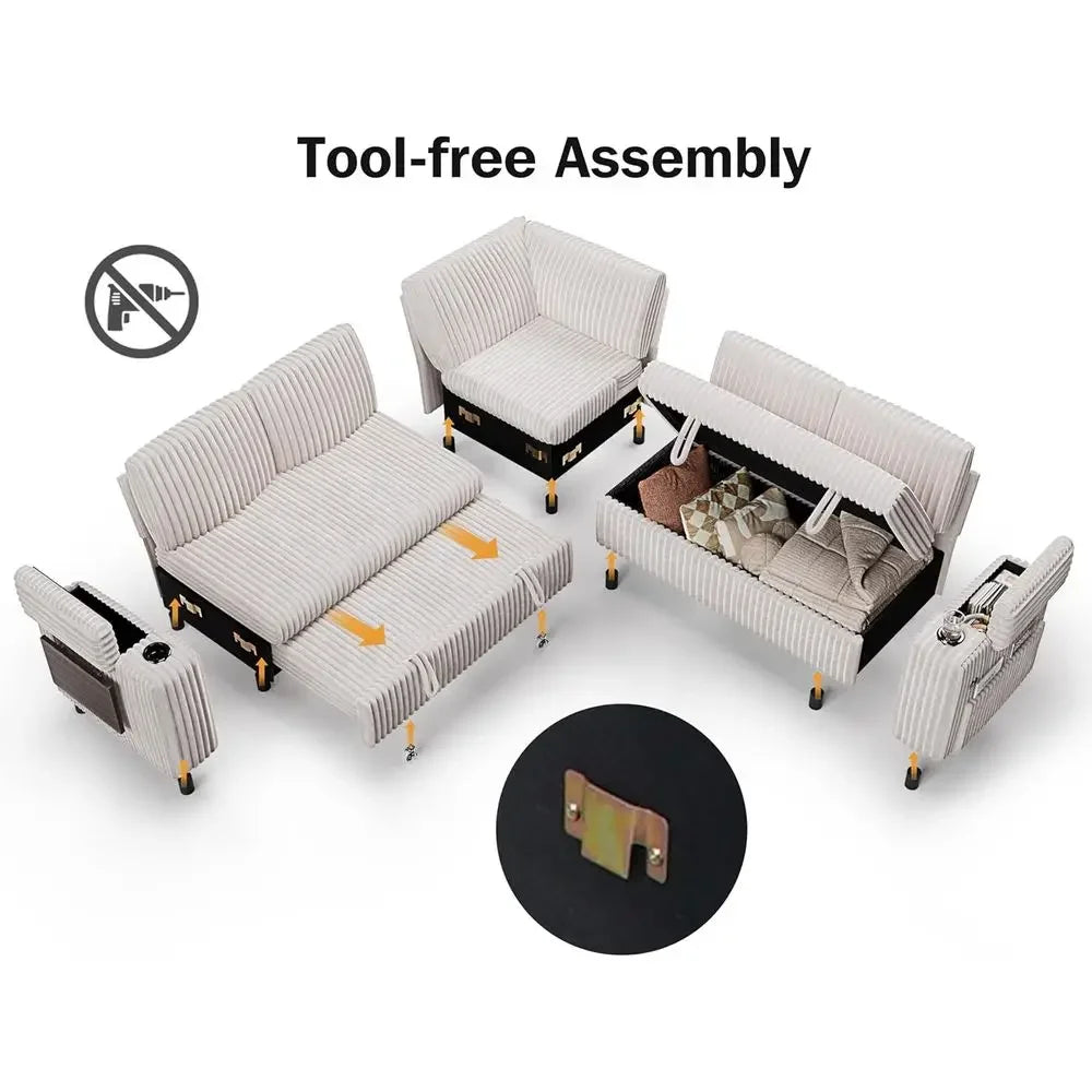 86 Sectional Sofa with Pull-Out Bed, 5-Seat L-Shaped Corduroy Couch,