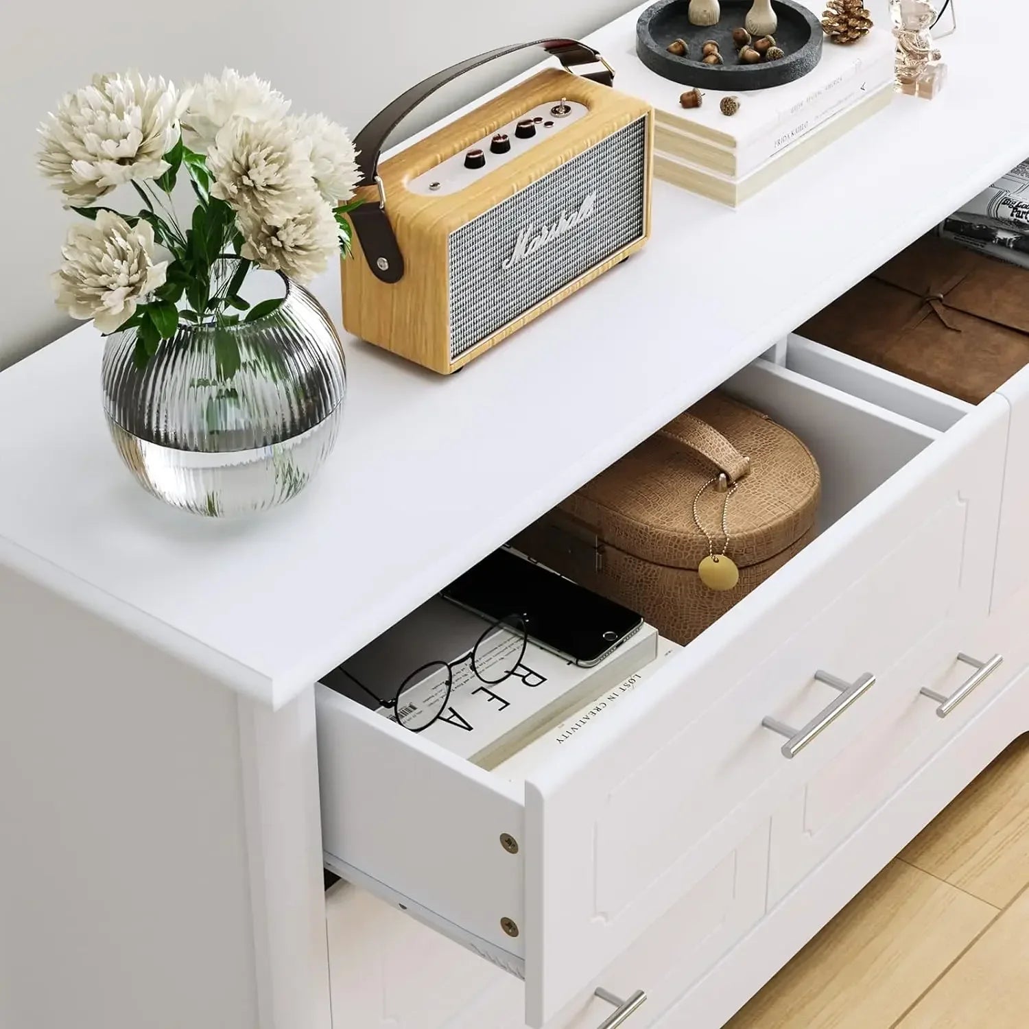 Furniture 6 Drawer Dresser, Modern White Wide Chest of Drawers with Metal Handels