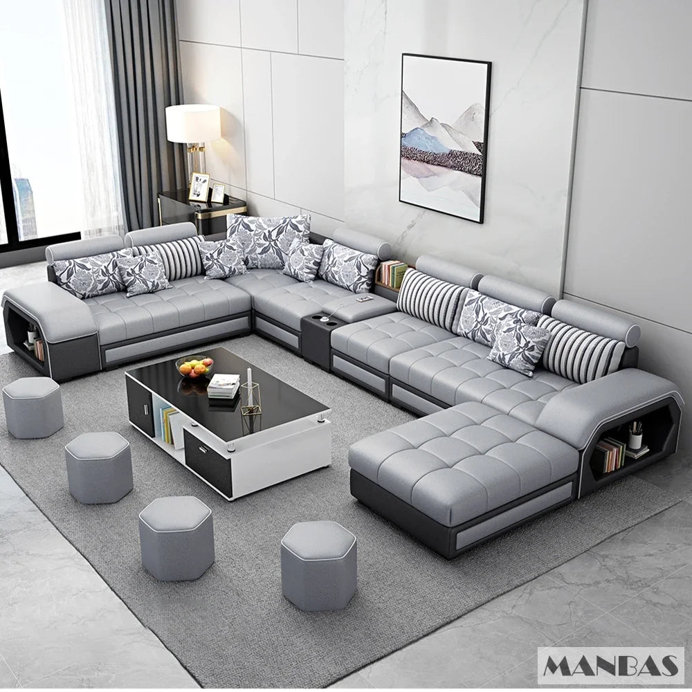 Fabric Sofa Set Furniture, Living Room Sofa Set, with USB and Stools / Big U Shape Cloth Couch Sofas for Home Furniture