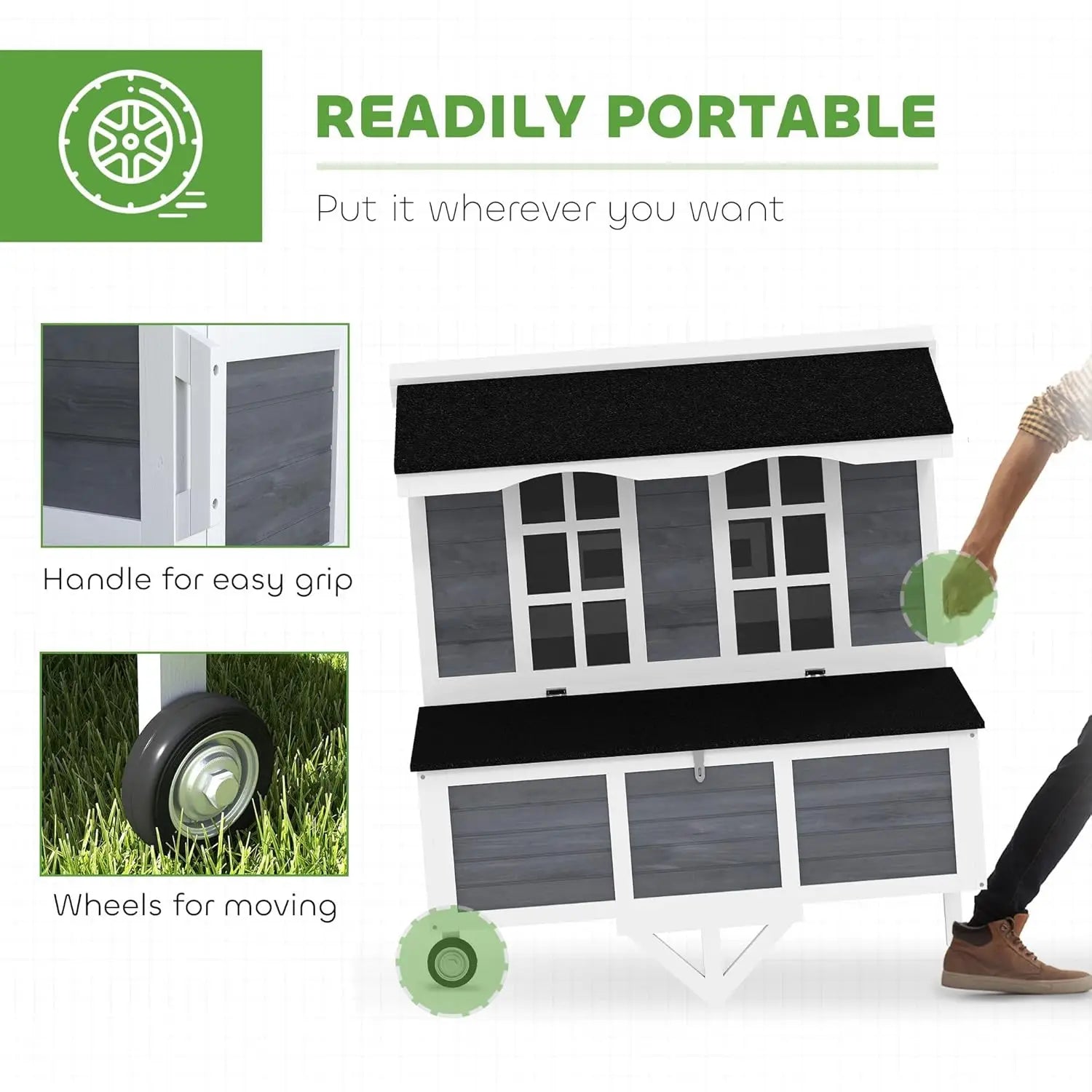 Mobile Chicken Coop with Wheels Nesting Box Pull-Out Tray