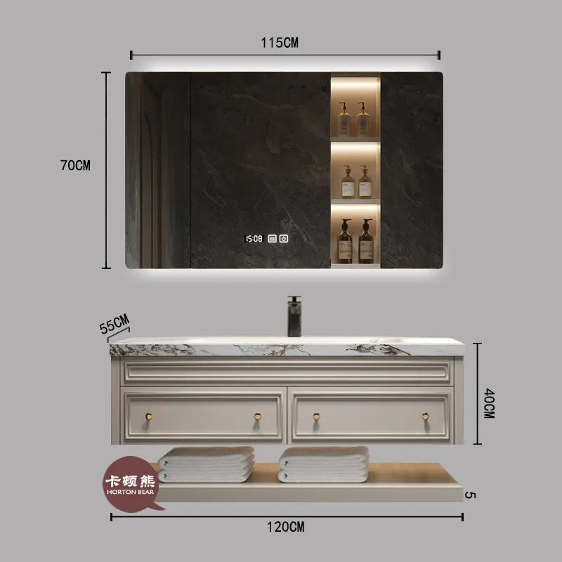 French-Style Seamless Integrated Double Basin Oak Bathroom Vanity