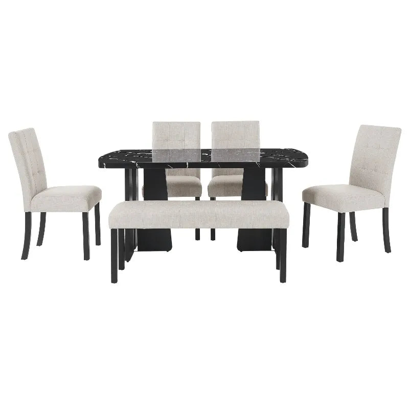6 Piece Modern Dining Table Set, 63" Faux Marble Dining Table