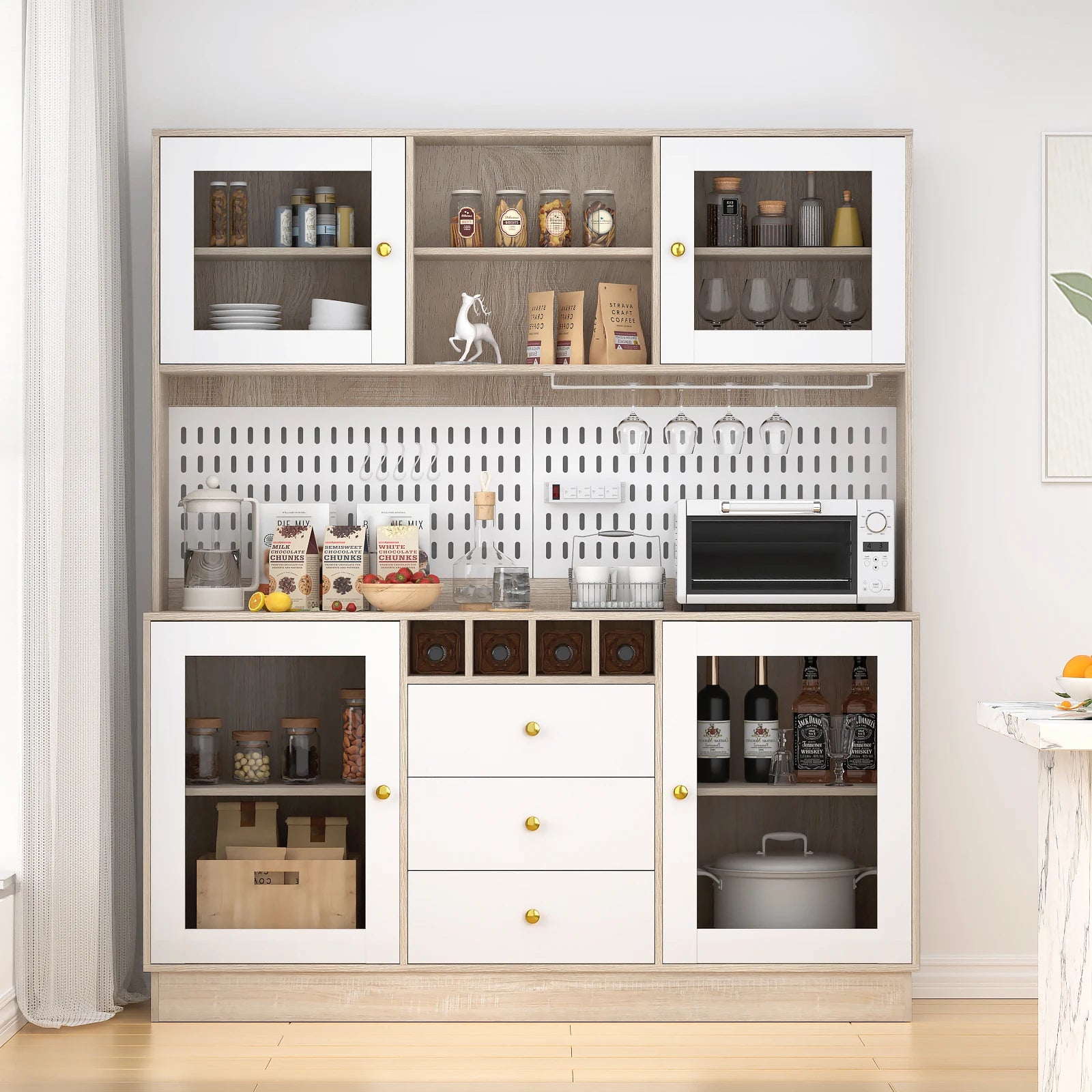 Kitchen Storage Cabinet, Buffet Hutch with Pegboard, Cup Holder