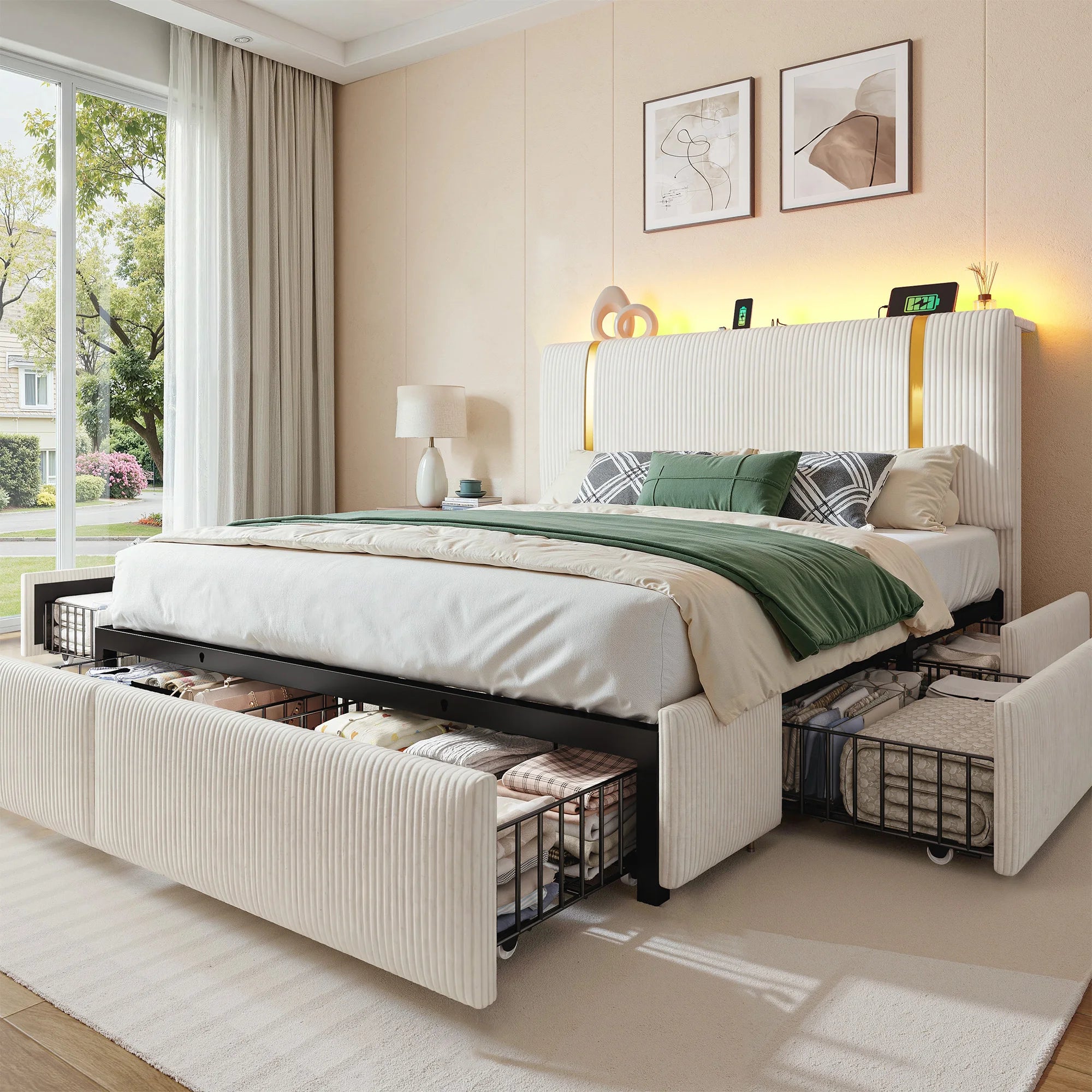 Bed Frame with 6 Storage Drawers, Soft Upholstered with LED Light